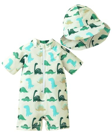 OBEEII Baby Badeanzug Einteiler mit Sonnenhut Neugeborene Junge Kleinkind Badeanzug Langarm Sonnenschutz Schwimmen Neoprenanzug Marine Animal Print, Dinosaurier (Grün), 2-3 Jahre