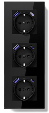 BSEEDLIFE Enchufe con USB Pared,Enchufe Pared Empotrable Estándar con 20 W USB-A/C,228 * 86mm 3 Gang 16A,Toma de Corriente,Fácil Instalación,Negro