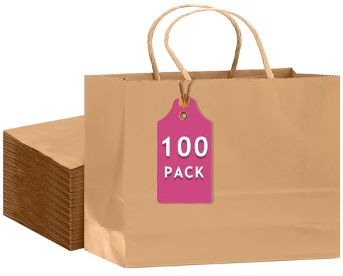 Gcardist 100 sacchetti regalo in carta marrone con manici – 12,6 x 4,3 x 10 pollici sacchetti per regali di festa per diversi usi
