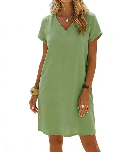InfiniZer Women's Casual Linen T Shirt Dress UK – Cotton Soft Breathable Short Sleeve V Neck A-Line Loose Summer Dress Fit Summer Beach for All Figures