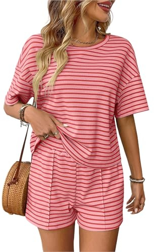 crazy bean Conjunto Chándale Mujer Verano 2 Piezas Casual Pantalones Cortos y Top Camiseta Manga Corta Camiseta Manga Corta a Rayas Cuello Redondo Deportivo