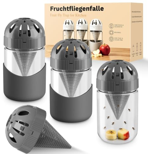 3-pack fruktflugfälla, dekorativ återanvändbar flugfälla inomhus flugfångare, mycket effektiv glas levande fälla för hem kök användning (mörkgrått lock + mörkgrå lock)