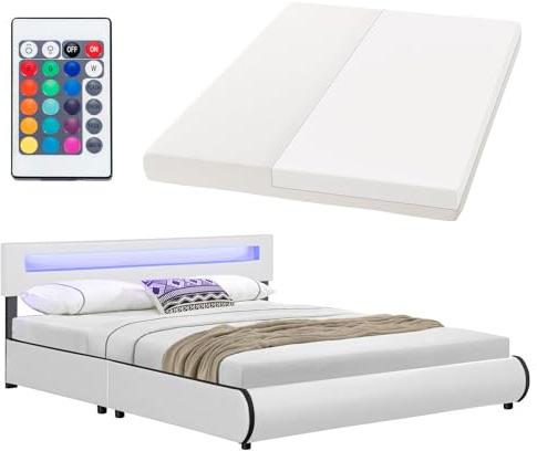 Juskys Polsterbett Sevilla 180x200 cm mit Matratze, LED Beleuchtung, Lattenrost & Kopfteil - Holz & Kunstleder - 16 Farbeinstellungen & Fernbedienung - Bett Bettgestell Doppelbett - Weiß