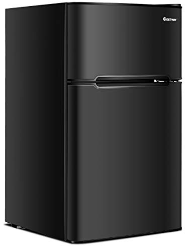COSTWAY Mini Fridge with Freezer, 3.2 Cu.ft. 2-Door Mini Freezer Cooler Fridge w/Reversible Door, Removable Glass Shelves, Mechanical Control, Small Refrigerator for Bedroom, Dorm, Office (Black)