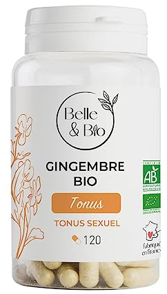BELLE&BIO - TONUS SEXUEL - Extrait de Gingembre certifié Bio - Pilulier de 120 gélules - Cure 20 jours- Complément Alimentaire - Fabriqué en France