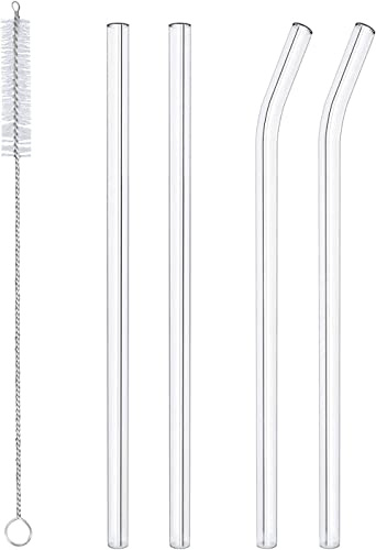 4 x Glass Reusable Drinking Straws Eco Friendly + Cleaning Brush Party Summer Use Birthday Smoothie Milk Shake Clear Water Juice Straw UK Free P&P