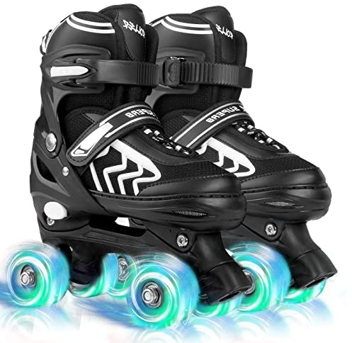 Kids Roller Skates for Boys Girls Children Beginners, 4 Sizes Adjustable Roller Skates for Child Toddler Ages 4-6-12 with 8 Light up Wheels (Medium - UK 1-4, Black & White)