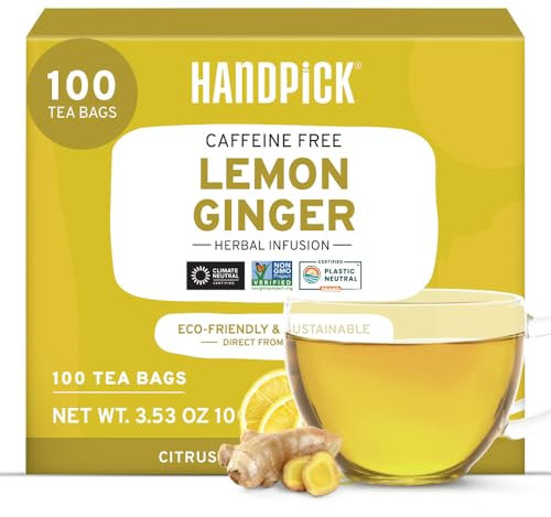 HANDPICK, Lemon Ginger Tea Bags (100 Count) | Ingredients - Lemon, Ginger, Lemongrass & Licorice | Round Eco-Conscious Herbal Tea Bags | Brew Hot Tea or Cold Brew