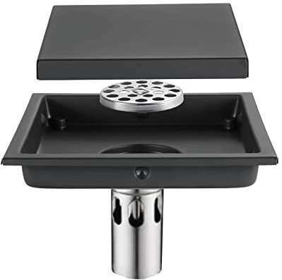 Boyuan Desagüe de Piso Acero Inoxidable Canaleta de Ducha Desagüe de Ducha Cuadrado 15x15cm Desague Ducha con Tapa de Drenaje,NúCleo Desodorante de Agua Profunda de Acero Inoxidable,Negro