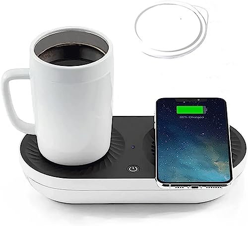 Ipalmay 2 in 1 Temperature Control Smart Coffee Mug Warmer Heater and Cooler with Fast Wireless Charger for Desktop Home Office Gift, Self Heating Coffee Cup with Lid, Warm Gift