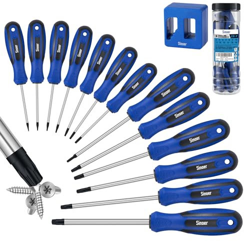 Sinoer Juego de destornilladores magnéticos Torx de 13 piezas, acero al cromo vanadio, juego de destornilladores magnéticos T5 - T40, herramientas de reparación de grado profesional