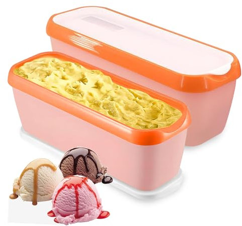 Liuer Récipient à crème glacée de 1,5 l avec couvercles, réutilisable avec base en silicone antidérapant, pour sorbet, yaourt glacé et gélato, texture givrée (orange)