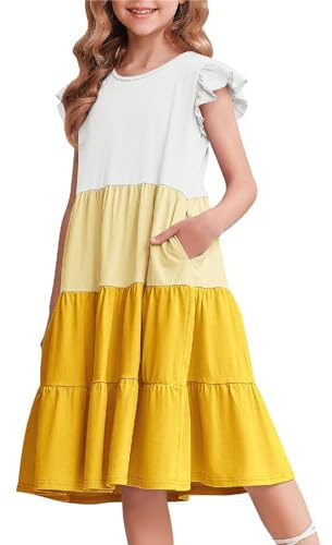 Arshiner Niñas Vestido de Verano con Mangas de Volantes Vestido Infantil de Algodón Vestido de Ocio con Escote Redondo Mangas Cortas Swing Vestidos de Fiesta para Niñas 10-11 Años
