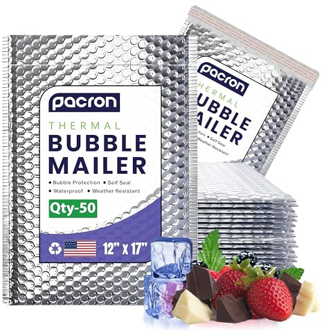 50-Pack Insulated Silver Thermal Bubble Mailers 12 x 17 - Waterproof Metallic Foil Self-Sealing Padded Envelopes for Cold Shipping, Perishables, Food, Cosmetics, Pharmaceuticals