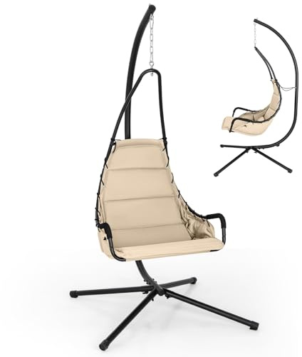 KOMFOTTEU Hängande stol med metallstöd, gungstol för inomhus- och utomhusbruk, hängmattstol med belastning 120 kg för trädgård, land, balkong, 105 x 101 x 203 cm (beige)