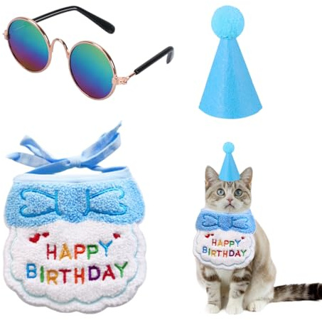 Set di 3 Pezzi per Animali Domestici - Bavaglini, Cappello di Compleanno e Occhiali - Set Decorazioni per Gatti e Cani, per Feste