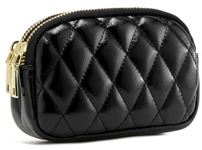 QIUTIMIY Women Artificial Artificial Leather Small Purse Pouch Cash Mini Coin Wallet Double Zipper Pocket with Keychain(Quilted Black)