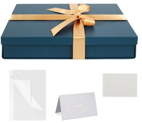 Blue Gift Box with Lids 31 x 22 x 6 cm Large Gift Box with Ribbon Tissue Paper Greeting Cards for Christmas Birthday Wedding Anniversary