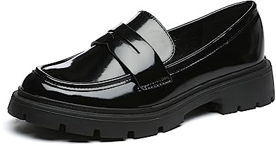 Vera Creation Women's Chunky Platform Loafers with Buckle Patent Leather Black Penny Loafers Fashion Office Work Business School Dressy Casual Shoes Comfortable Slip-on (Black+Penny 9)