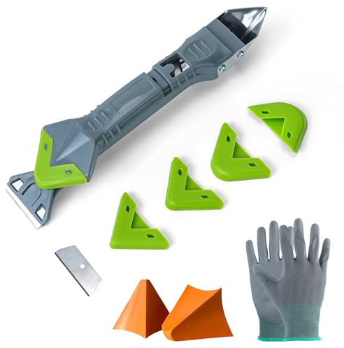 Caulking Tool 5 in 1 Sealant Finishing Tool Silicone Remover with 4 Replace Silicone & 2 Plastering Tools & Safety Gloves For Bathroom, Kitchen,Floor,Window,Sink Joint,Frames