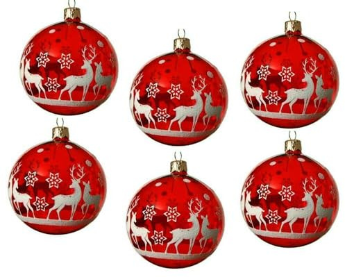 Weihnachtskugeln Rot aus Glas – 6 Stück Christbaumkugeln mit Rentier & Schneeflocke – hochwertige Deko Kugeln für Weihnachtsbaum
