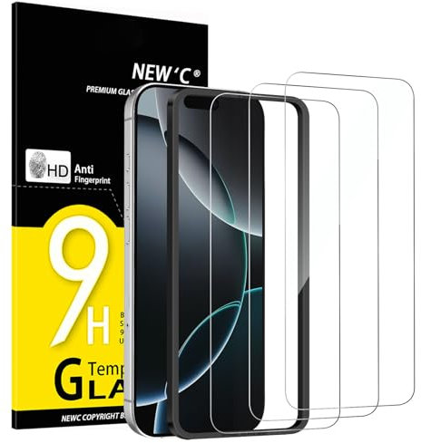 NEW'C 3 Piezas, Protector Pantalla para iPhone 17 Pro Max, iPhone 16 Pro Max (6,9″), Cristal templado con herramienta de instalación fácil incluida, Antiarañazos, Dureza 9H, Ultra Resistente