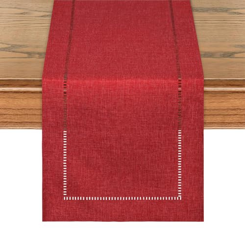 LOMOHOO Bordslöpare röd 30 x 180 cm modern jul bordslöpare linne bordsduk boho bordsduk löpare tvättbar med hålfållsdesign för födelsedag fest alla hjärtans dag bröllop baby shower dekor