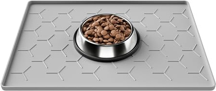 Pieviev Tapis Gamelle Chien Chat, Silicone Alimentaire, 30x40cm Gris Clair | antidérapant et imperméable, tapis pour bols eau & nourriture, rebord surélevé anti-débordement, passe au lave-vaisselle