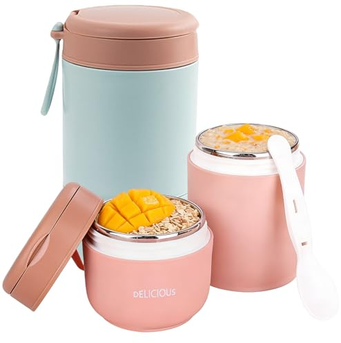PRITOK Contenitore termico a doppio strato per cibi: 2 ciotole termiche, contenitore termico sottovuoto isolato, contenitore termico Essen to go (rosa + verde, 430 ml, 430 + 300 ml)