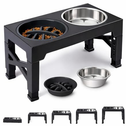 Ciotole per Cani Rialzate Regolabili – Set 3 in 1 con 1 Ciotole in Acciaio Inox 1200ml + 1 Ciotola Anti-Ingozzo 800ml – Supporto Antiscivolo per Cani di Taglia Media e Grande