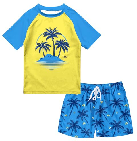 SunFocus 4T Boy Swim Set Bathing Suits Boys Orange Swimsuit 2 Piece Rash Guard Short Sleeve Swimwear Surfing Trunks with Liner