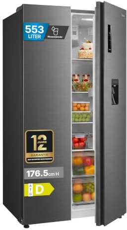 Midea Side-by-Side Kühlschrank Freistehend (553L, No Frost) - Kühl-Gefrierkombination mit Wasserspender (ohne Festwasseranschluss), Sehr Leise (37 dB), Inverter Motor, Steel Gray MDRS710FGD46W