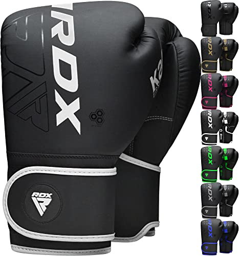 RDX Kinder Boxhandschuhe für Muay Thai Kickboxen Sparring, Maya Hide Leder Kara Junior Boxing Gloves, Sandsack Boxsack Punchinghandschuhe, Kickboxhandschuhe MMA Kampfsport Training Schwarz 6oz 8oz