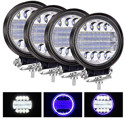 YnGia Runde LED-Arbeitsleuchte mit blauem Engelsauge, 72 W, Nebelscheinwerfer, Flutlicht, Kombi-Lichter, 12 V, 24 V, DRL, Hilfsleuchten, LED-Scheinwerfer für LKW, Traktor, Auto, Boote, 4 Stück