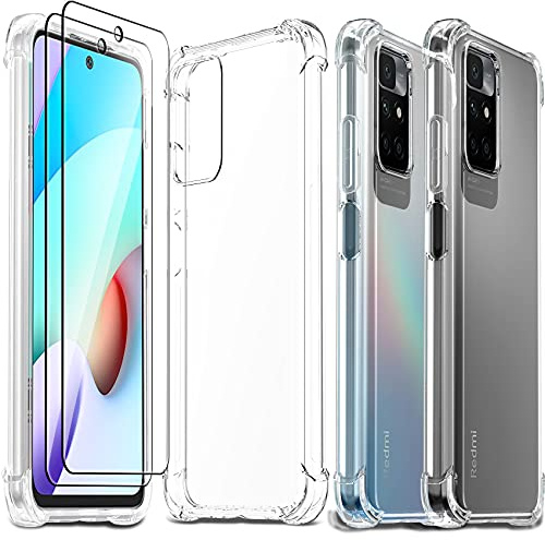 Ferilinso Coque pour Xiaomi Redmi 10, avec 2 Pièces Dureté 9H Verre Trempé Protection écran, Housse Silicone Transparente, Anti-jaunissement 10X, Anti-Antichoc, Anti-Rayures