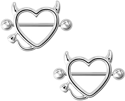 MIFYNN 1 Pair Nipple Rings for Women,Devil Heart Nipple Rings Surgical Steel Nipple Piercing Bar Shield Cover Barbell Sexy Piercings Nipple Hoops Piercing Jewelry (Silver)