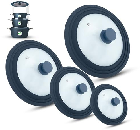 M.S.N Set di 4 coperchi in vetro per pentole e padelle, bordo in silicone, valvola di scarico, lavabili in lavastoviglie, 16/18/20 cm, 20/22/24 cm, 24/26/28 cm, 28/30/32 cm, grigio