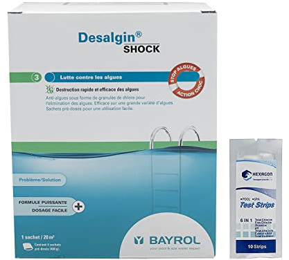 BAYROL DESALGIN Shock Granulés (Boîte de 4 sachets de 400g) - 1,6kg | Anti-Algues Curatif - Action Choc + 10 Tests HPS OFFERTS 6 en 1