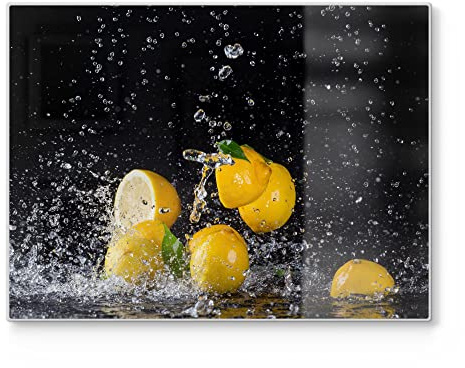 DEQORI Tabla de cortar de cristal | grande 40 x 30 cm | diseño limones y perlas de agua | placa de corte de diseño para cocina | tabla de desayuno antibacteriana y antideslizante | placa de cristal