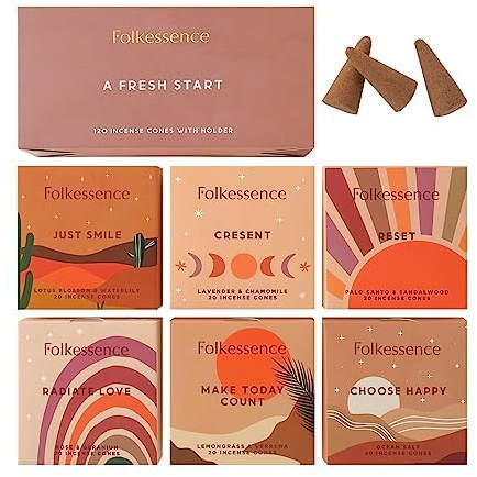 Folkulture Incense Cones (120 Cones) | Set of 6 Premium Fresh Fragrance Insence Cones for Yoga, Meditation, Aromatherapy, Gifts | No Charcoal, Organic, Non Toxic Palo Santo, Sandalwood Inscents-Cones