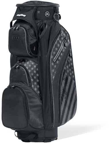Bag Boy Revolver XP Golf Cart Bag, 14 Way 360⁰ Rotating Top with Full Length Individual Dividers, External Putter Tube, 9 Pockets, Black/Stars and Stripes