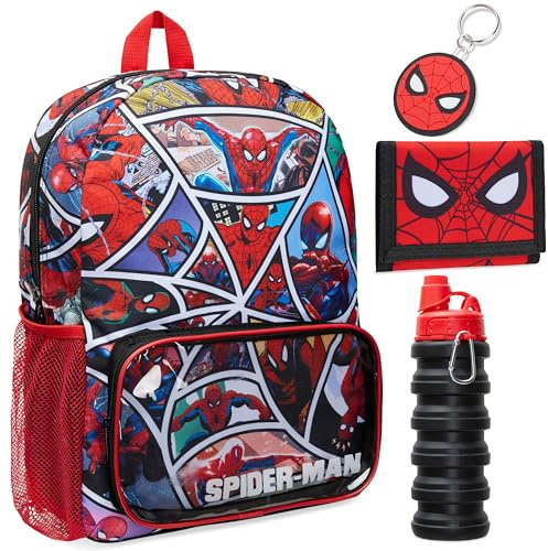 Marvel Spiderman Zaino scuola con bottiglia d'acqua e astuccio scolastico borsa pranzo or portachiavi portafoglio set di 4 pezzi regali per bambini, multicolore, 39 × 28 × 12.5 cm, Spiderman