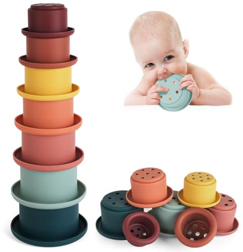 Vicloon Stapelbecher Spielzeug, Silikon Stapelbecher Baby Stapelturm mit 7 Bechern, Kinder Stapelturm Badespielzeug, Silikon Spielzeug BPA-frei, für Baby Spielzeug 6 Monate (Blau-Grün)