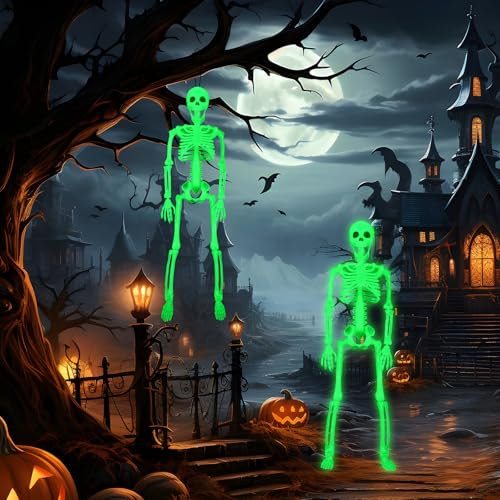 TEWWCEO Decoración de Terror, 2 Piezas Esqueleto Posable de 40 cm, Adorno de Esqueleto Fluorescente con Articulaciones Móviles para Fiesta de Halloween