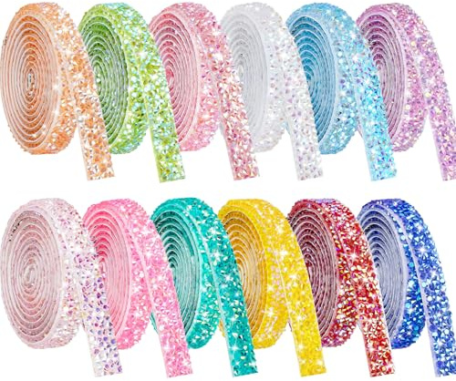 NiArt 12-Pack Self-Adhesive Rhinestone Ribbon Rolls, 12 Candy Colours | Total 12 Yards, 0.39 in Wide Decorative Crystal Tape for DIY Crafts, Events, Phones, Laptops and Home Décor