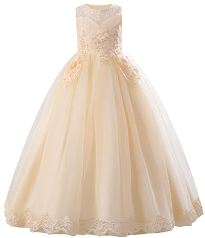 IDOPIP Vestido de encaje para niña de flores, vestido largo para boda, concurso, fiesta, vestido largo de princesa para primera comunión, maxivestido de tul