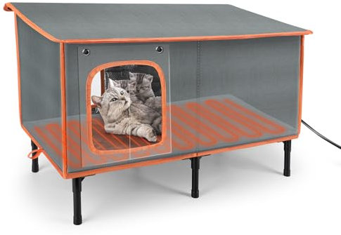 SIWA MARY Heated Cat House for Outside in Winter, Weatherproof Outdoor Cat House with Cat Heating Pad, Waterproof &Safe Escape Door, Insulated Cat Shelter with Heater for Feral Barn Cats Kitty