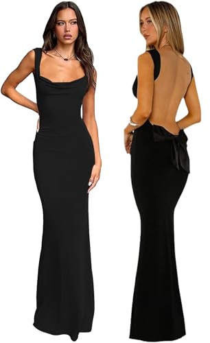 Hanaoops Longue Dos Nu Bodycon Dress Maxi Robe Sans Manches Col Rond Couleur Unie Elégant de Soirée Cocktail Club Party
