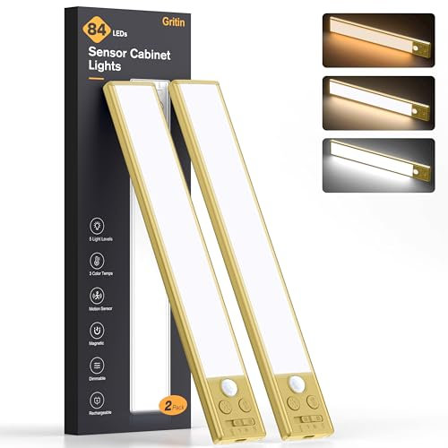 Gritin Luz de Armario Recargable, 84 LED Superbrillantes Luces Cocina - 3 Colores & 5 Niveles de Brillo, 4 Modos, Sensor Movimiento, Larga Duración, Fácil Instalación, Luces Armario Magnéticas-2 Pack