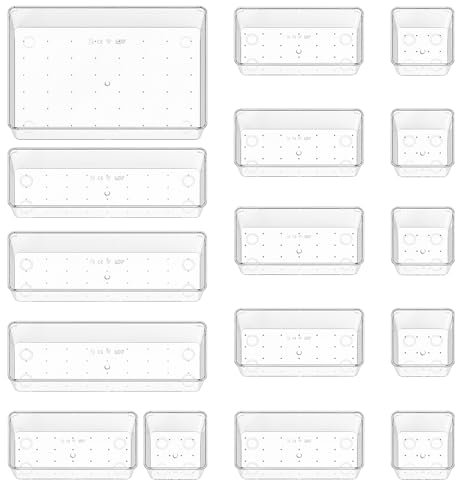 Quirlig Organizer Cassetti 16 Pezzi, Contenitori per cassetti in Plastica Trasparente di 4 Dimensioni, Divisori per Cassetti Impilabili per Bagno, Cucina, Trucchi